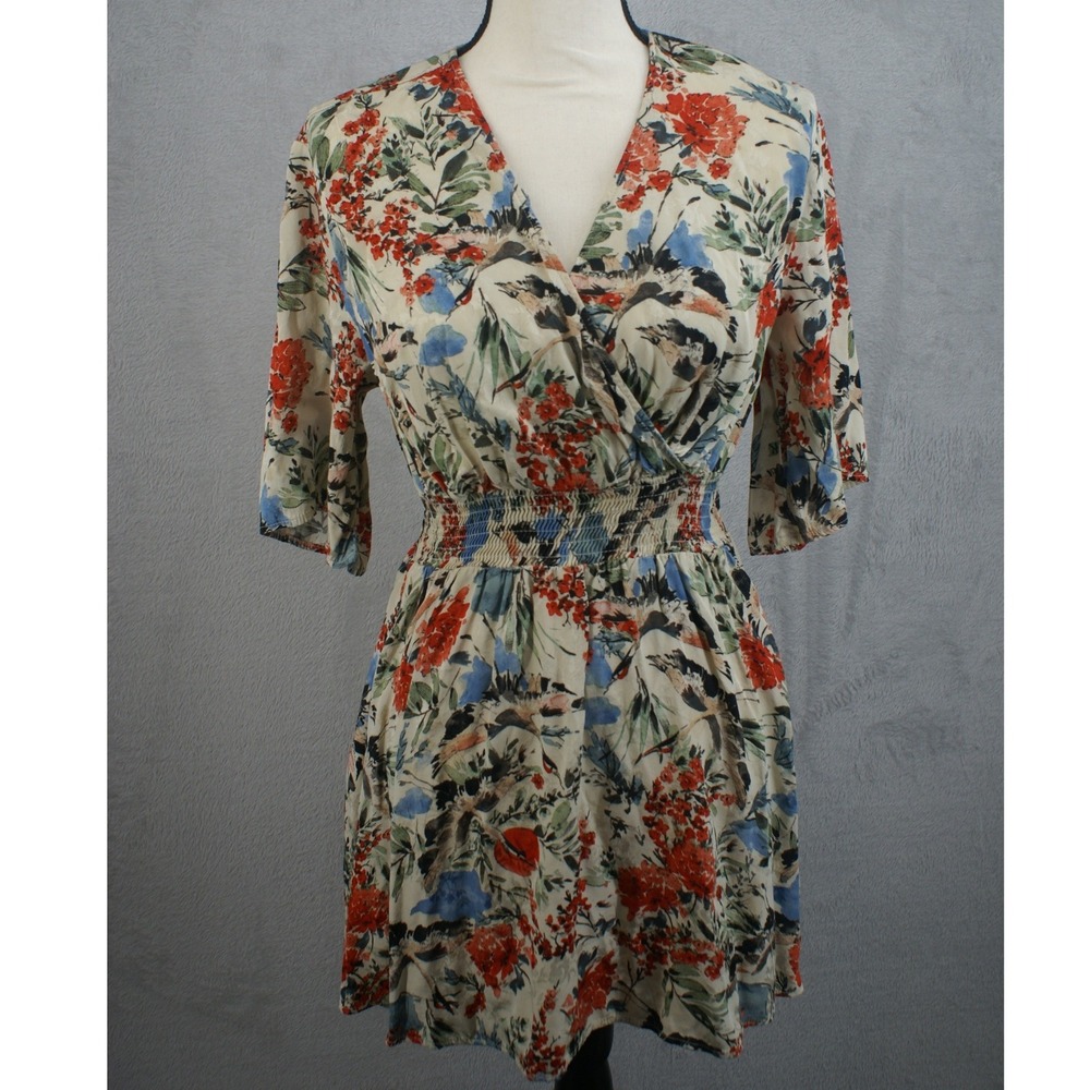 Zara Basic Jacquard Floral Smocked Waist V-Neck Mini Dress Cream Red Blue Size S
